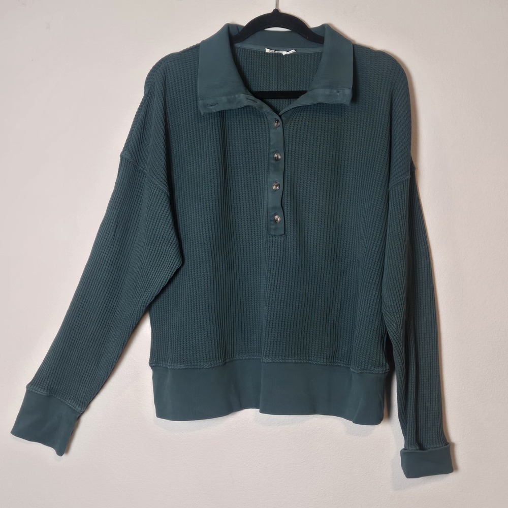 Faherty Apres Waffle Collared Henley Shirt Women's L Dark Green Long Sleeve